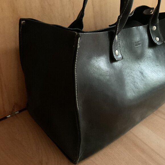 VTG Roots Black Leather Short Handle Handbag with White Stitching - Picture 4 of 13